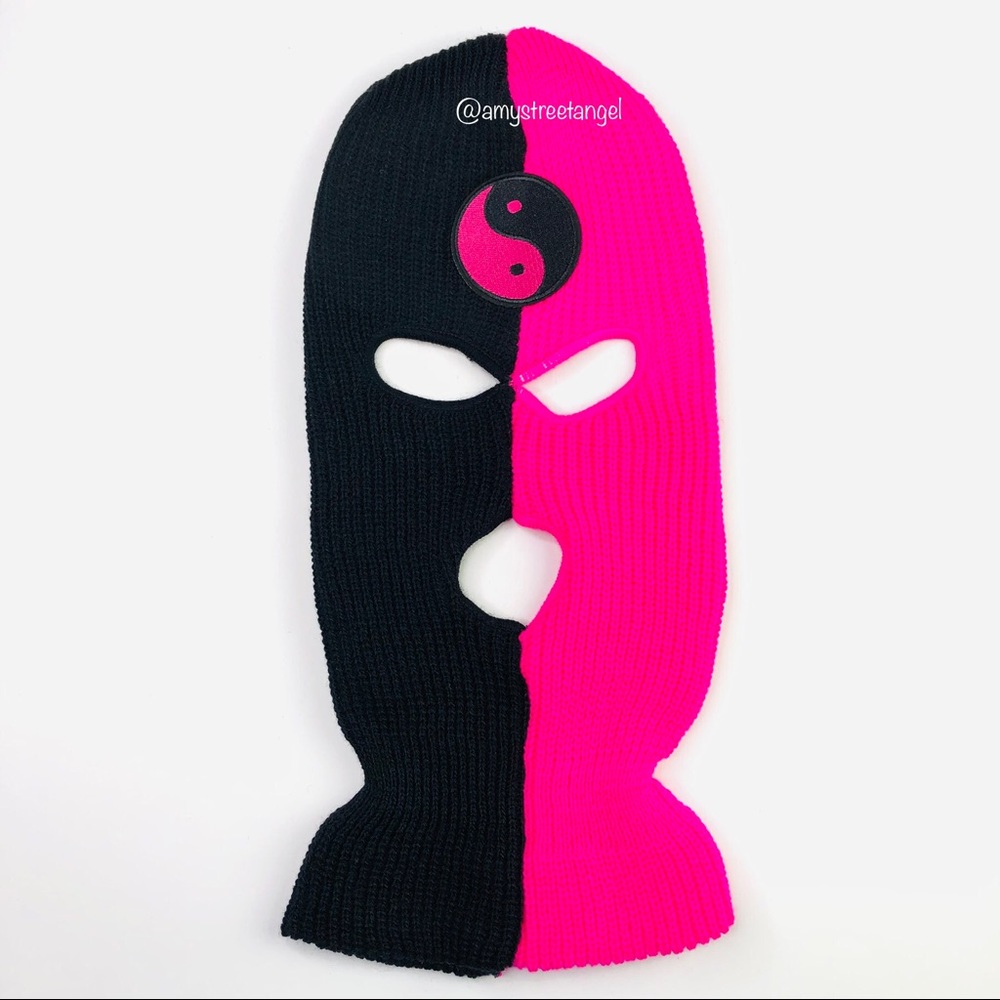 Yin Yang Ski mask Yin Yang Face mask 3 Hole Black and Magenta Beanie Balaclava